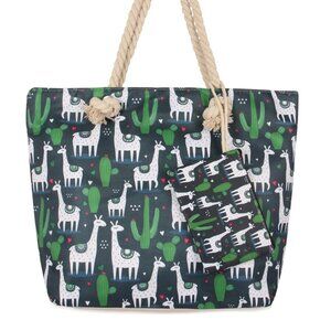Llama & Cactus Tote  & Zip Pouch/Wallet - Navy/ White/Green - NWT